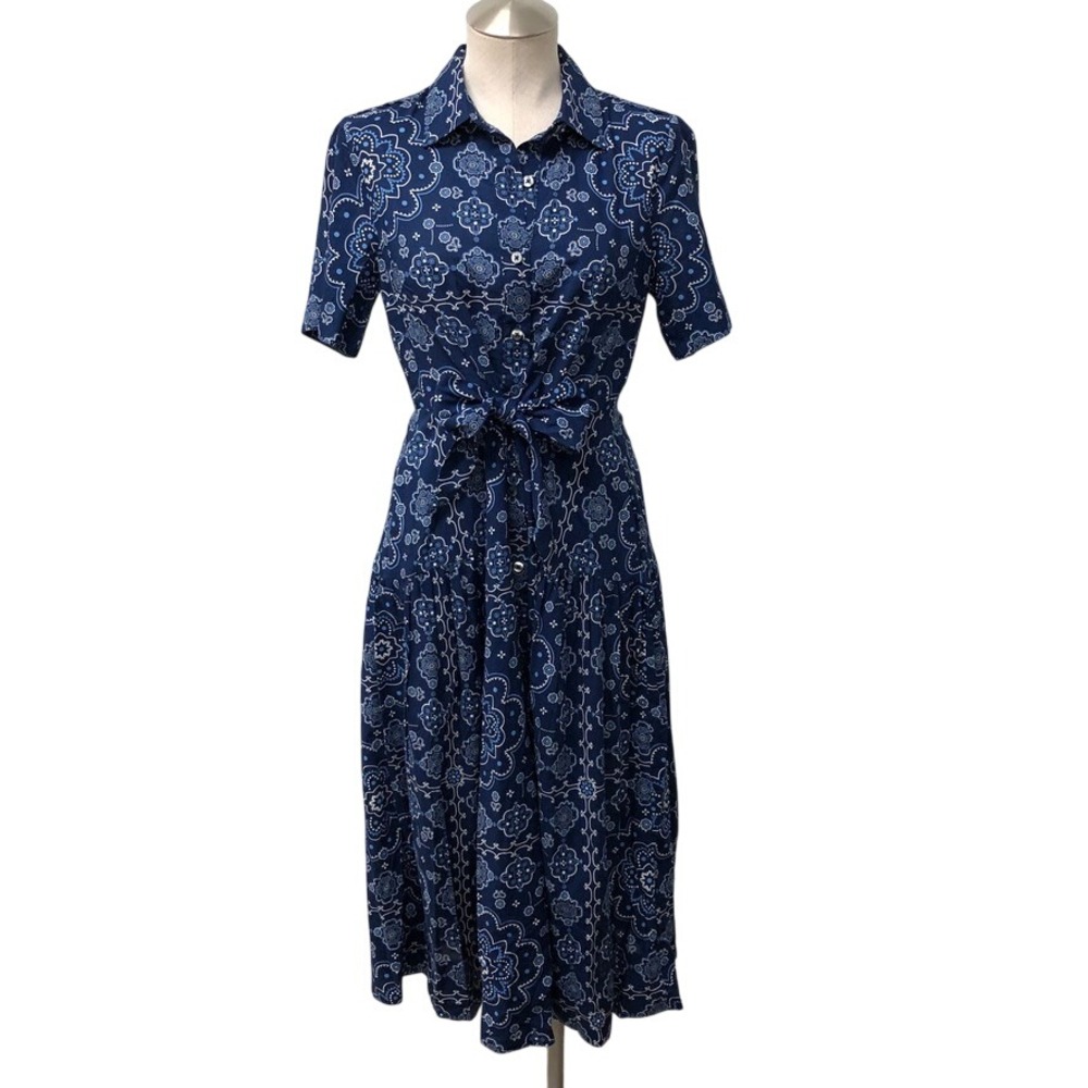 Draper James Dress Womens XS Blue Bandana Paisley Cotton Midi Tie Waist Pockets